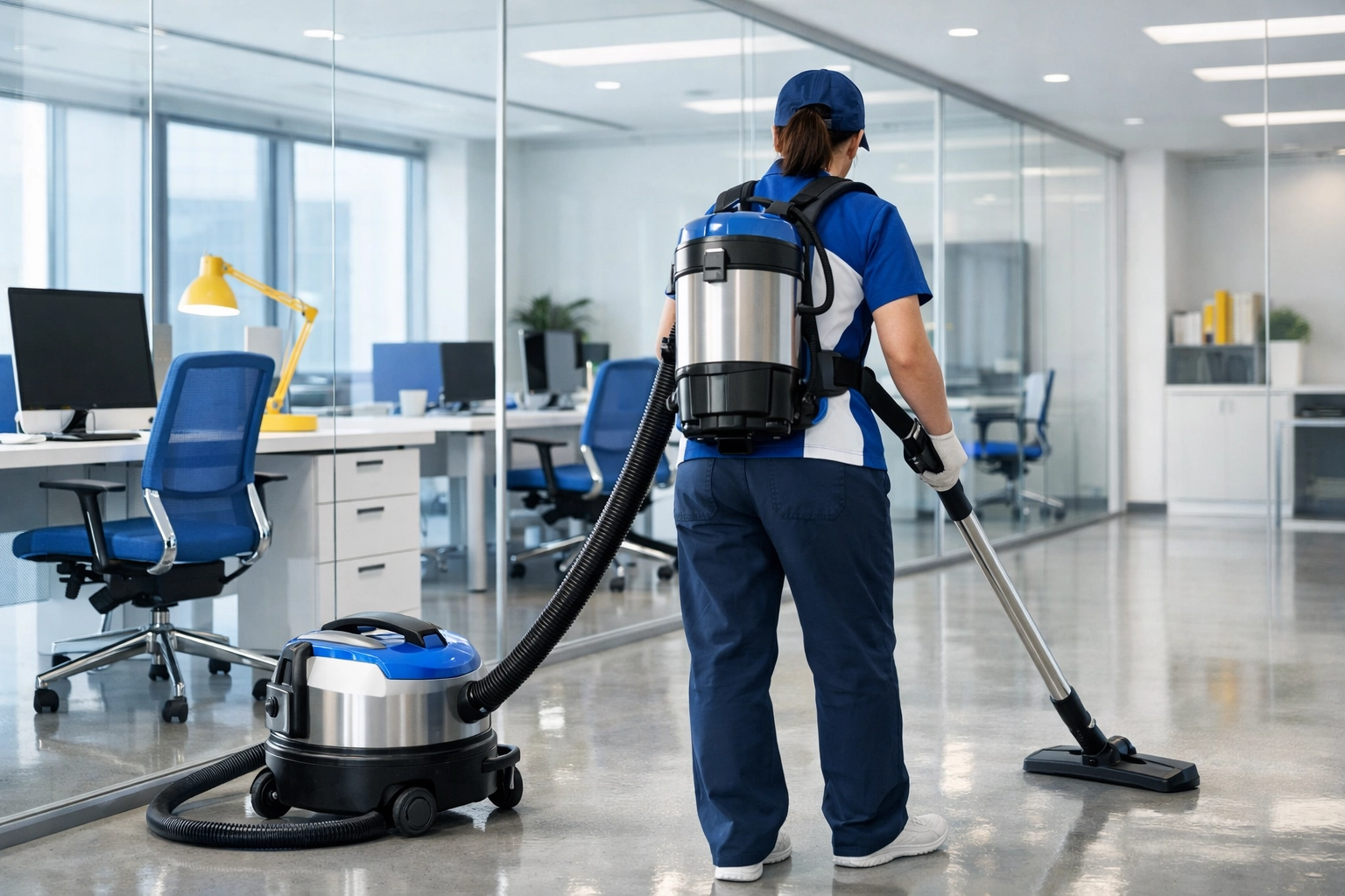 Professional commercial cleaning team removing dust from a modern Lincoln office workspace.