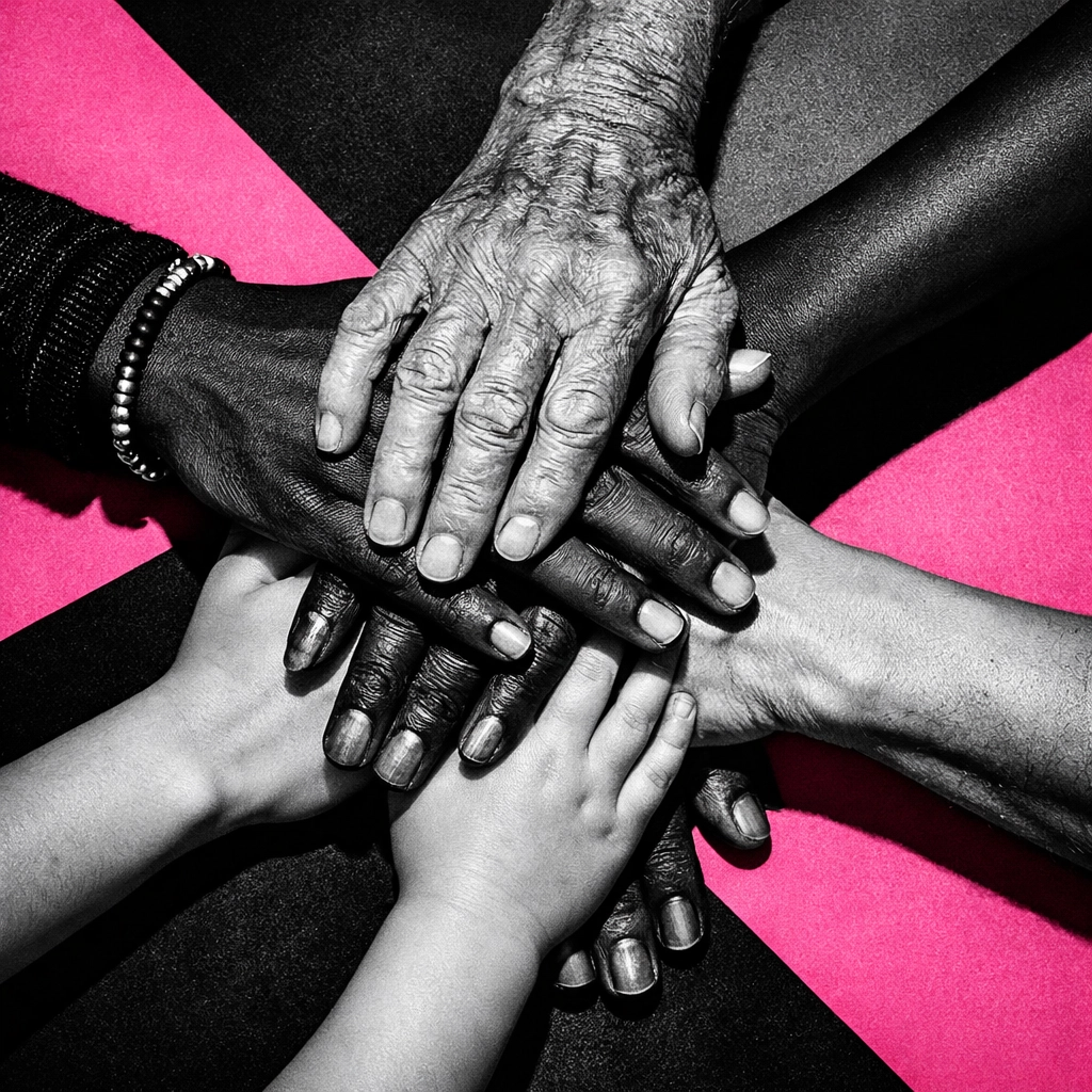 Diverse hands from multiple generations united, symbolizing family patterns and breaking cycles