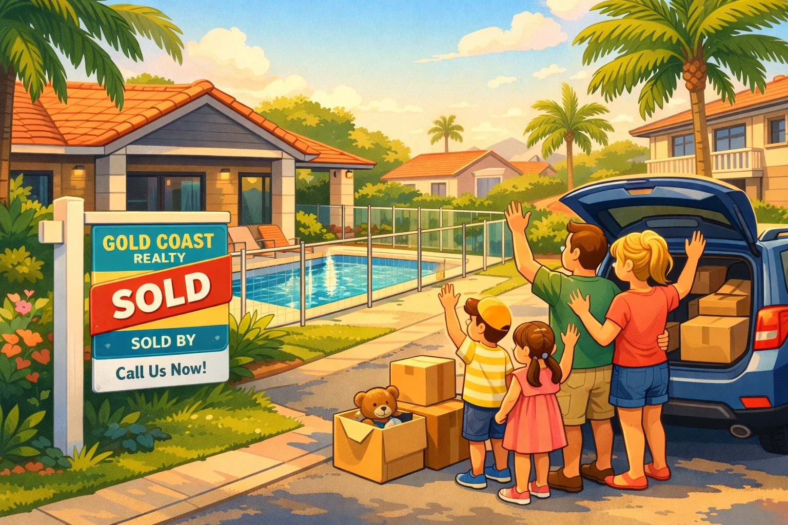 Gold Coast home with sold sign and compliant pool ready for settlement with Form 23 certificate