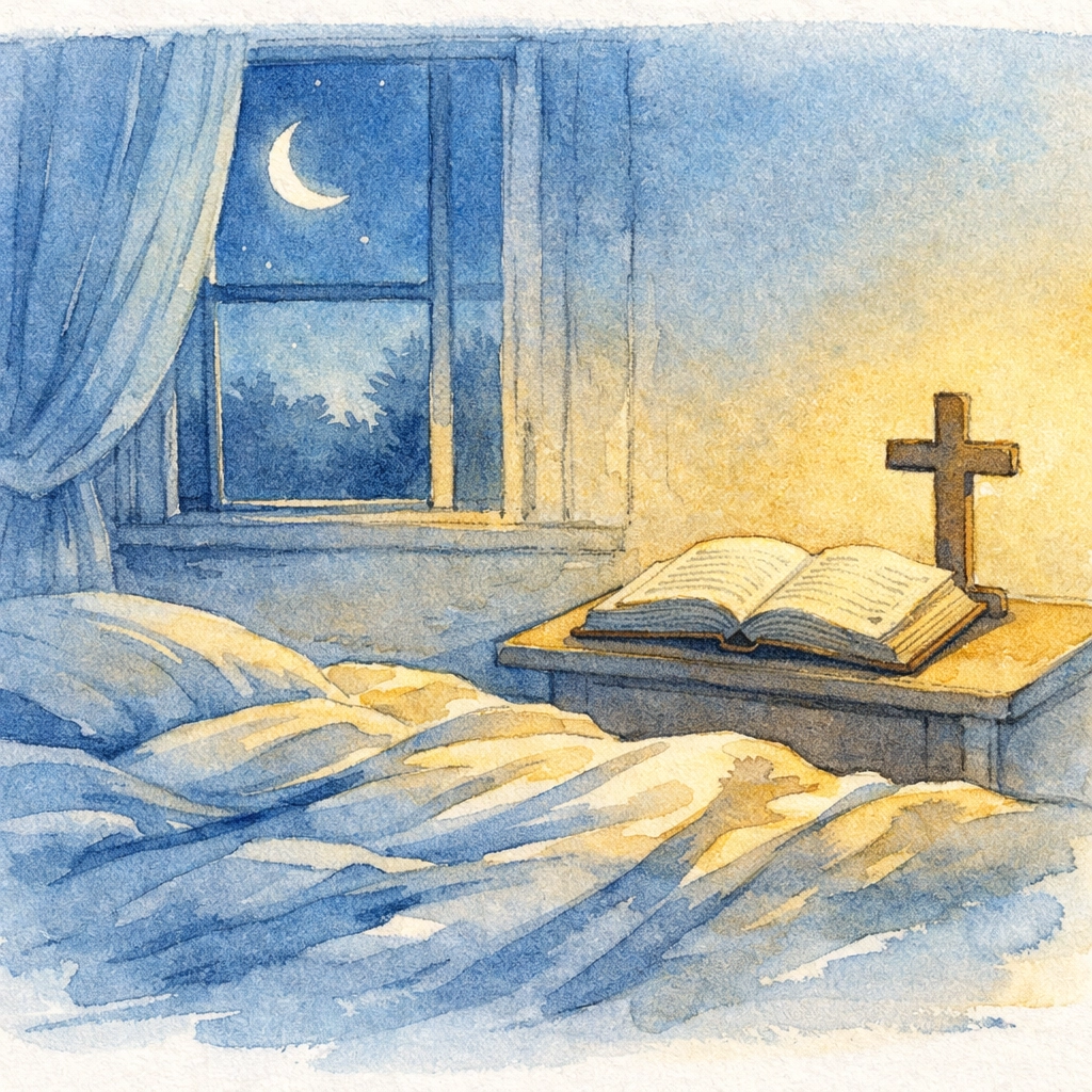 Peaceful bedroom at night with Bible and cross symbolizing spiritual growth after dark