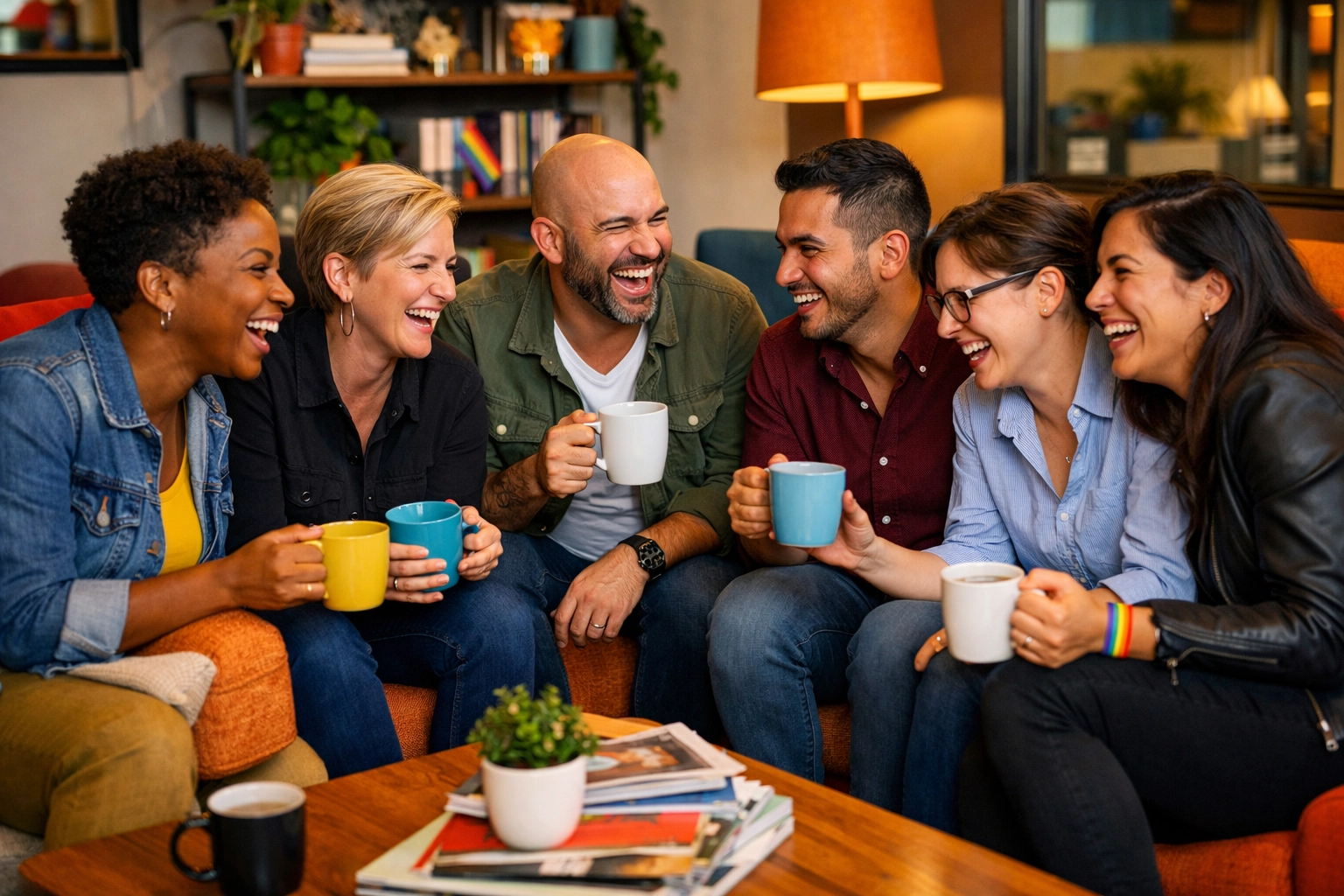 A diverse group of LGBTQ+ professionals bonding in a supportive office lounge.
