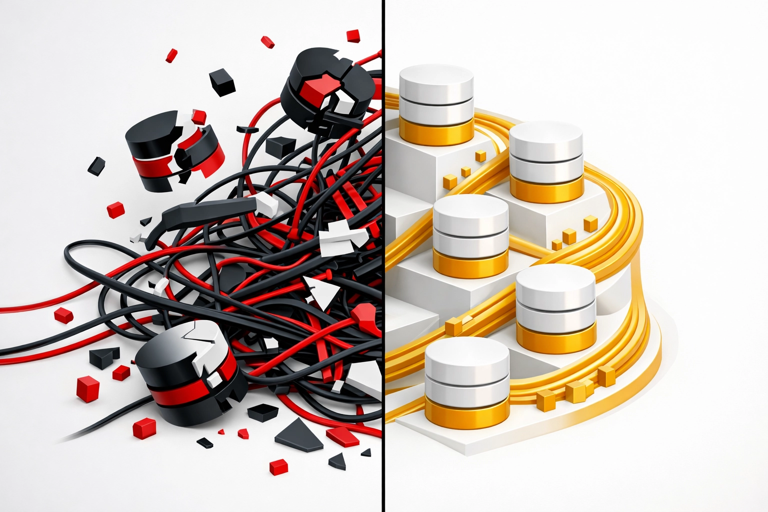 Stop Wasting Time on AI Roadmaps: Fix Your Data Foundation First (Here's How) 2 Chaotic tangled data transformed into organized layers showing importance of data foundation for AI
