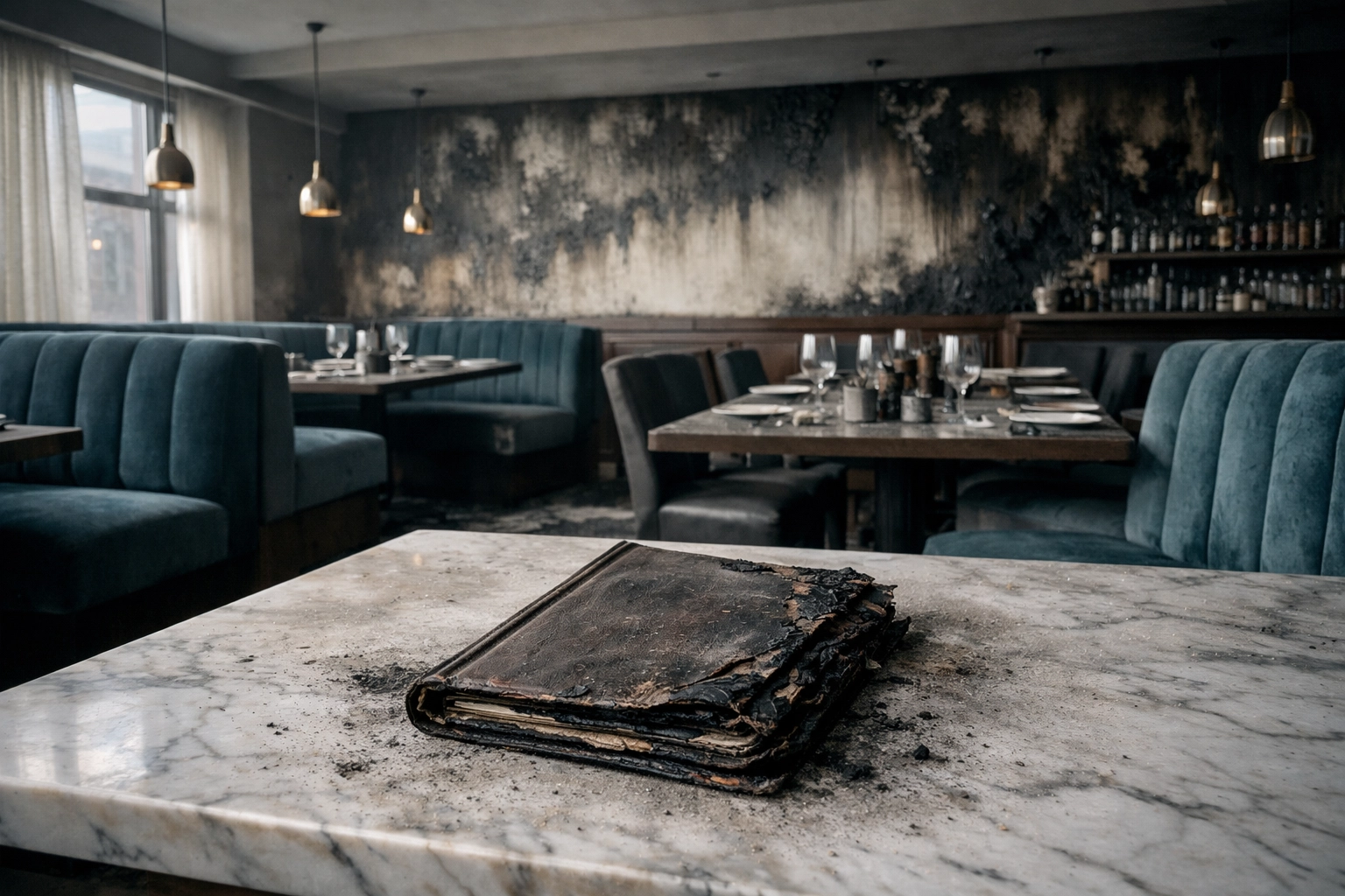 Interior of a restaurant showing fire damage and a charred menu, representing a trigger for business interruption insurance.