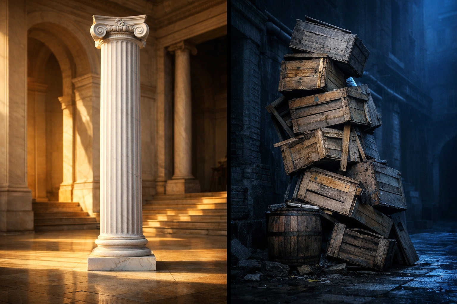Solid marble pillar vs shaky wooden crates showing the risk of unregulated legal providers for trusts.