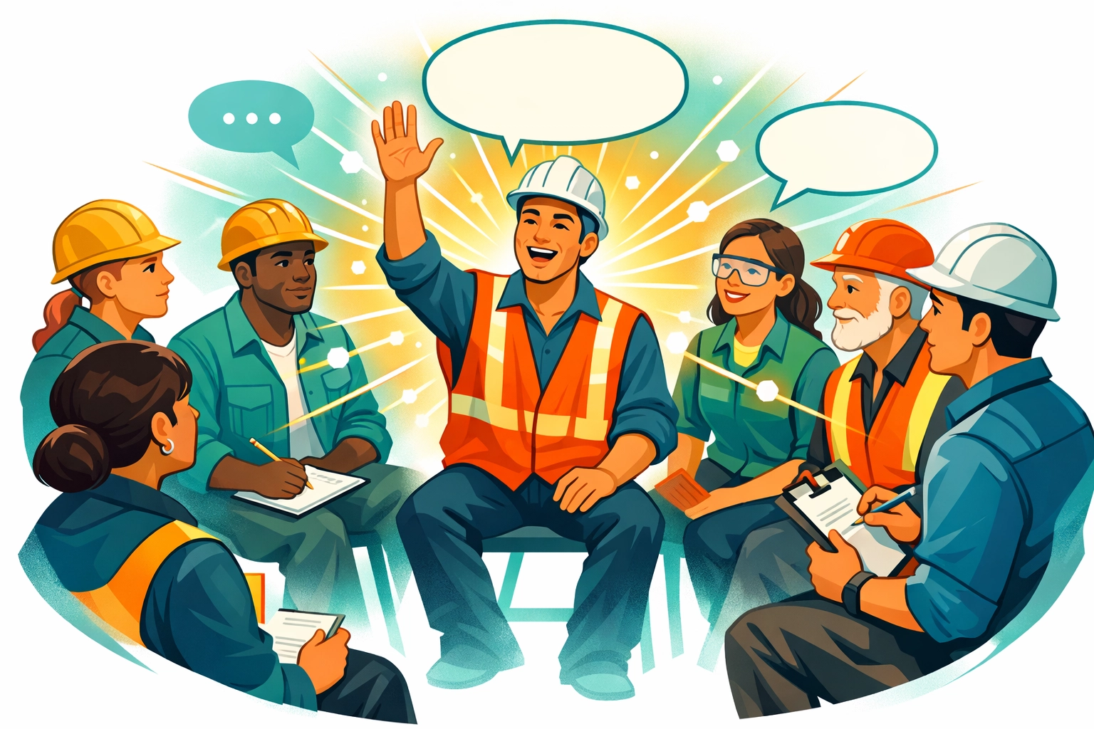 Team members engaged in safety meeting with worker speaking up confidently