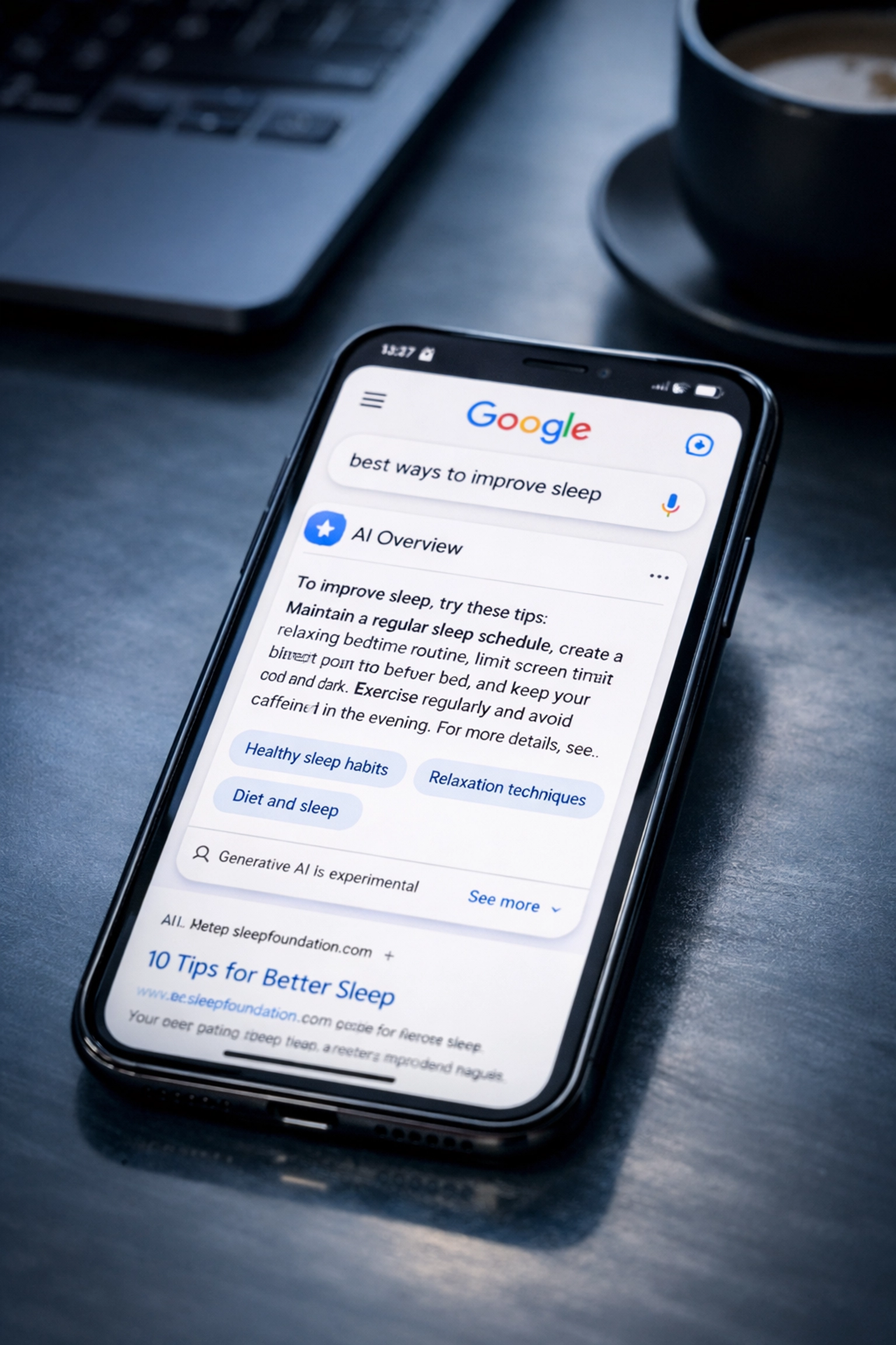 Google search results page displaying AI Overview feature that impacts organic traffic and click-through rates