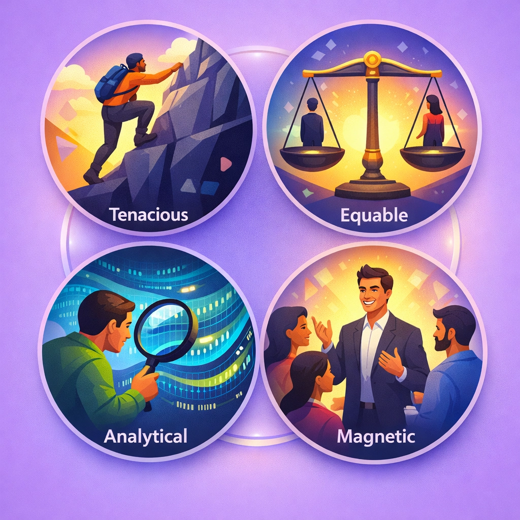 T.E.A.M. methodology illustration showing Tenacious, Equable, Analytical, and Magnetic leadership qualities