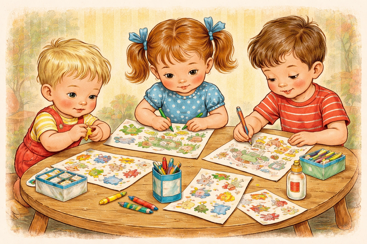 Children of different ages working on sticker story art projects, highlighting creative family craft activities.