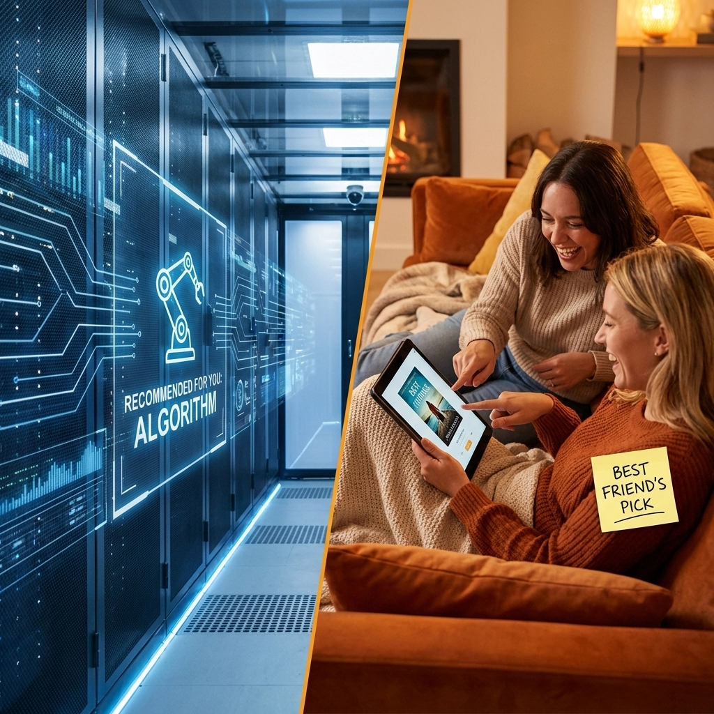 Split image: Left shows a digital display with "Recommended for You: Algorithm", right shows two women on a couch, laughing at a tablet with "Best Friend’s Pick" note.