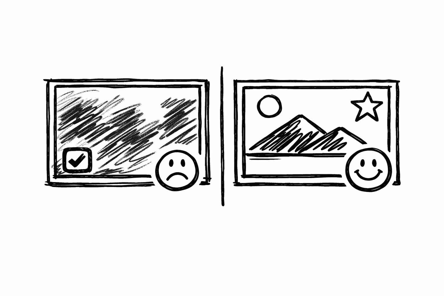 Hand drawn napkin sketch comparing weak and strong reel quality