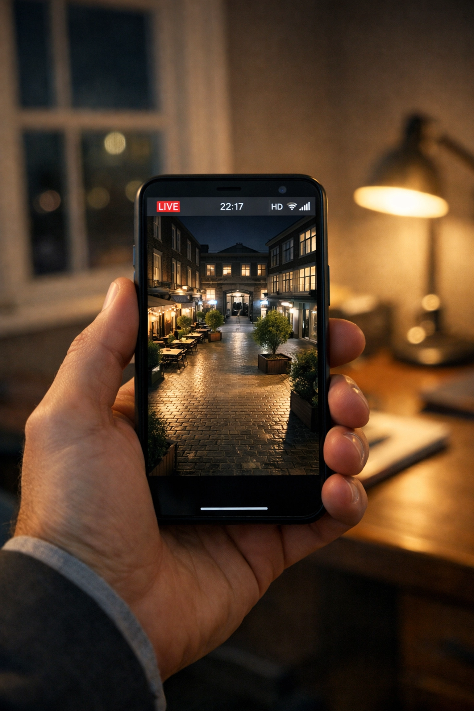 Checking a live commercial security camera feed on a smartphone for a business in Trowbridge.