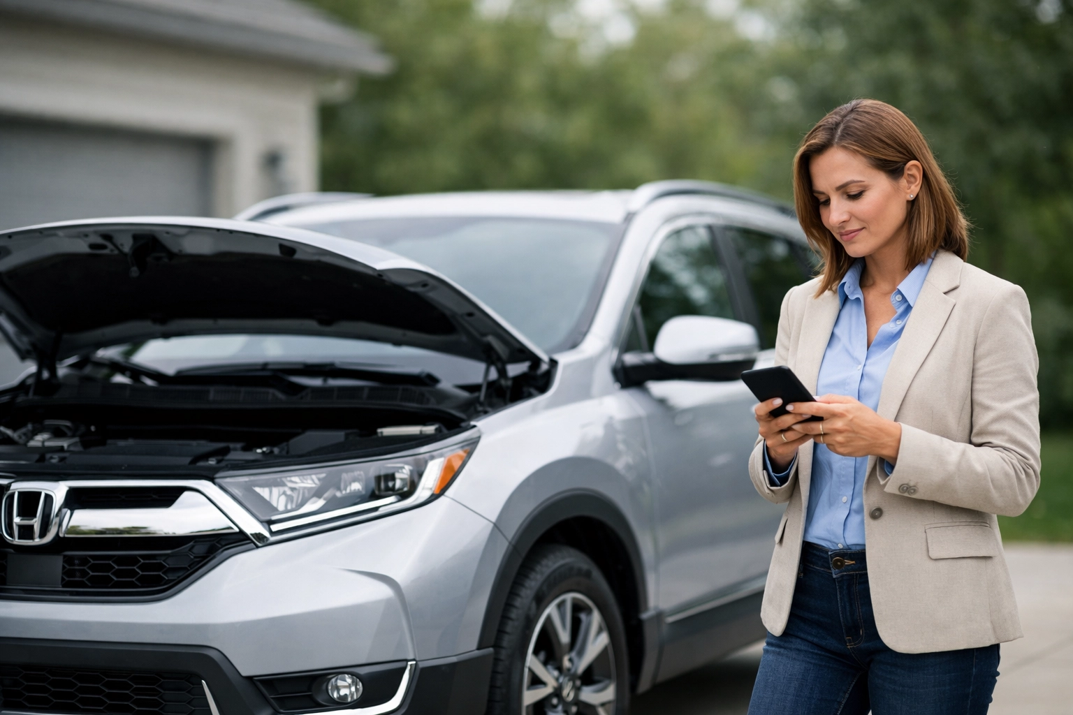 Applying for an emergency loan on a smartphone next to a car needing repairs in a driveway.