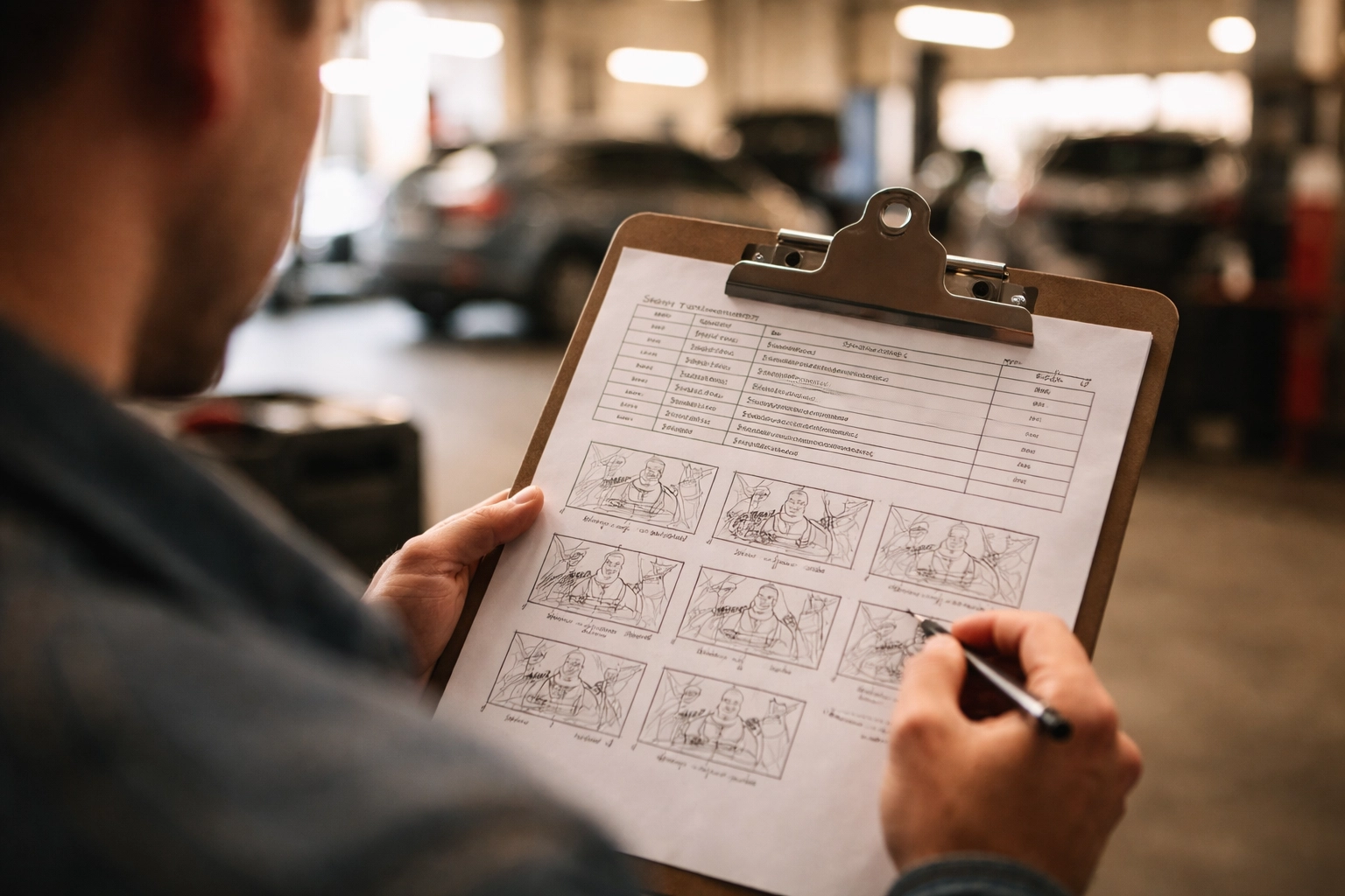 Videographer prepping storyboard before shooting collision repair walkthrough video at Blaise Alexander in Lewisburg, PA.