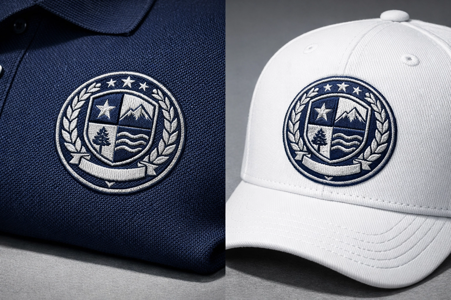 Professional logo embroidery on a polo shirt and baseball cap showing high-quality stitch precision.