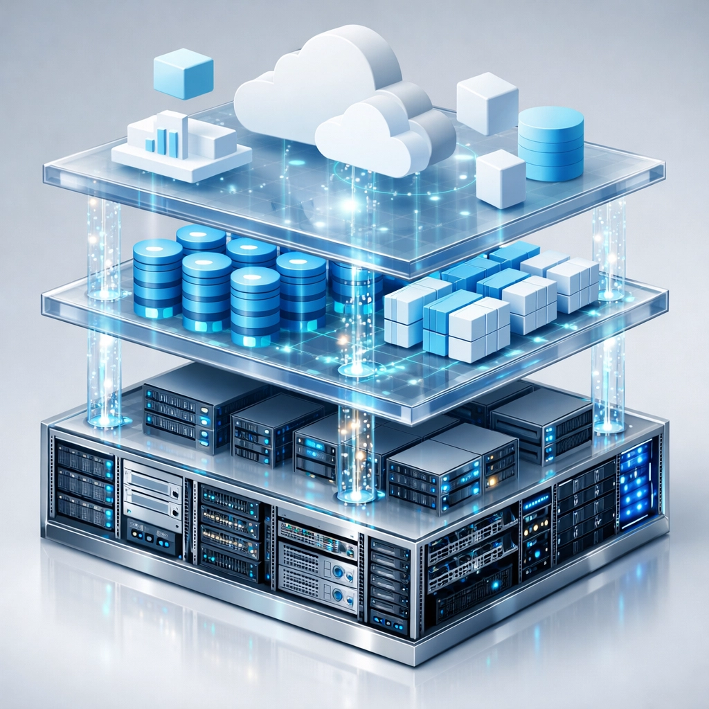 Layered enterprise IT infrastructure architecture displaying CMDB foundation with servers, databases, and cloud services