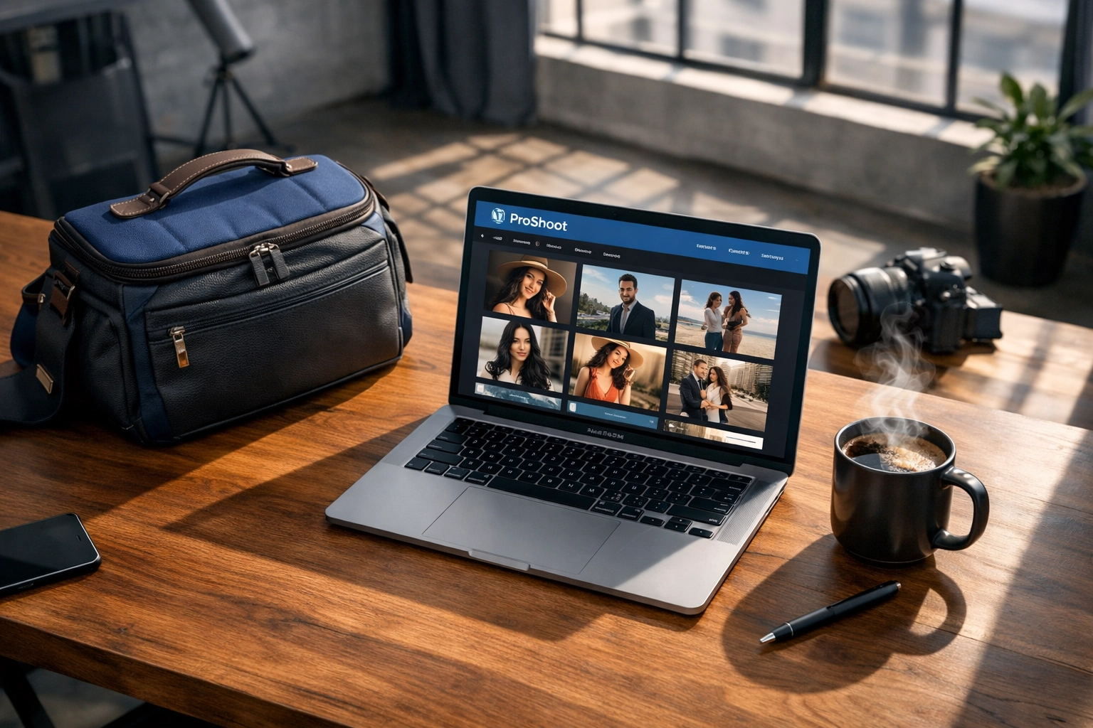 Modern photography studio in West Hollywood displaying a professional portfolio gallery on a laptop.