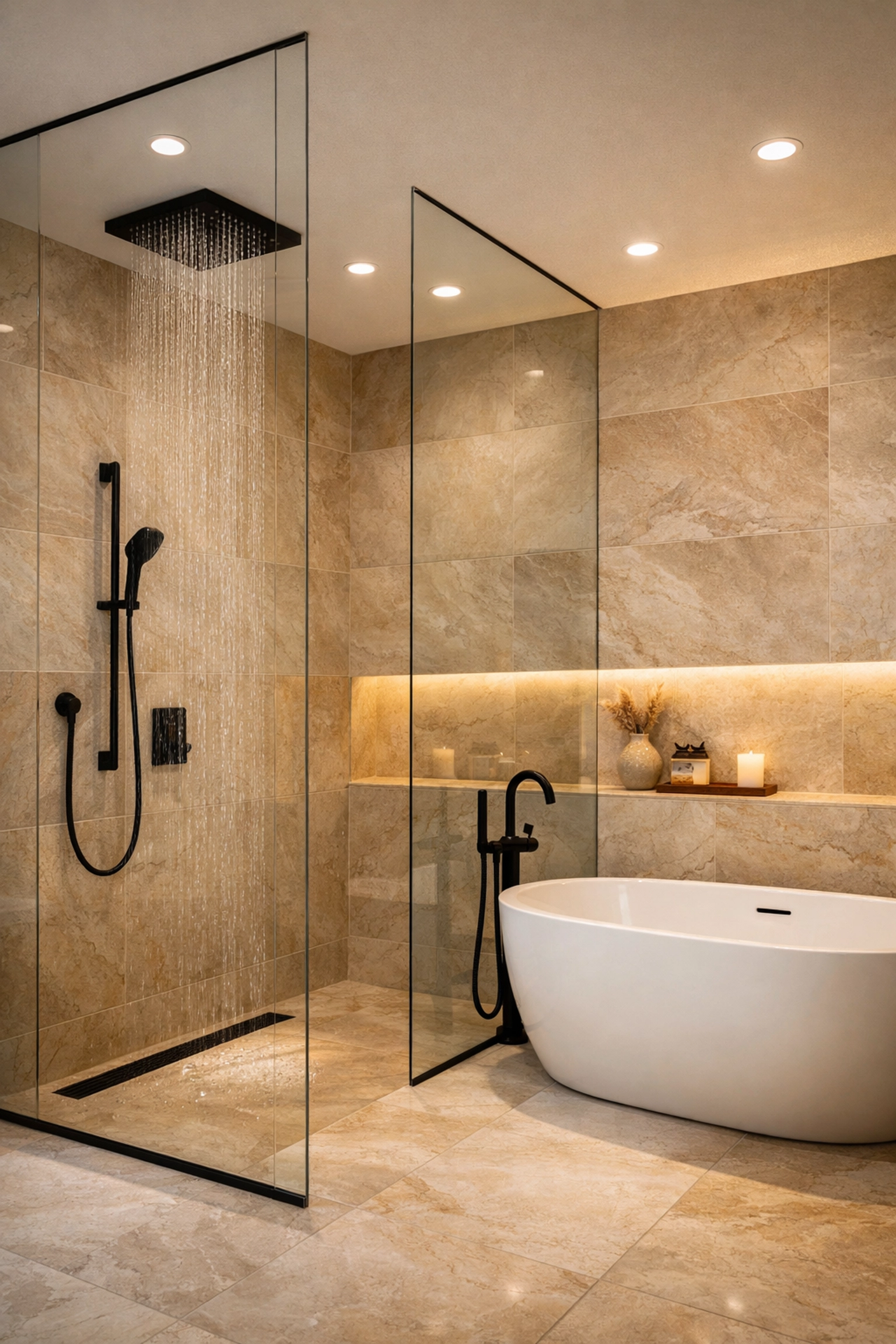 Luxury bathroom renovation Orlando showcasing a spa-style wet room with a soaking tub and stone tiles.