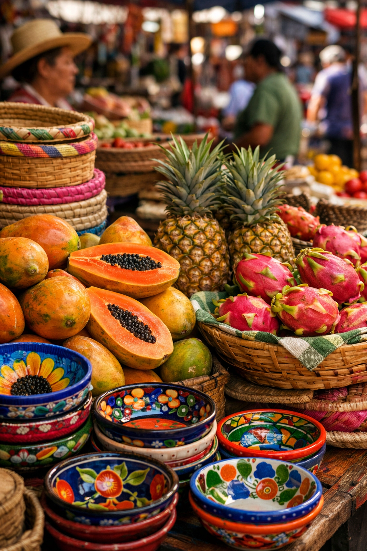 Traditional Puerto Vallarta market with fresh tropical fruits and local vendors