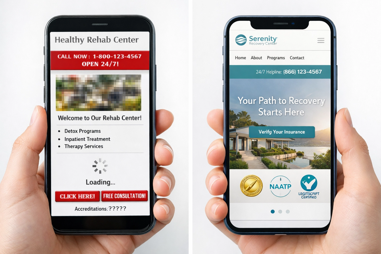 Mobile rehab website comparison showing outdated vs modern responsive design for better conversion rates