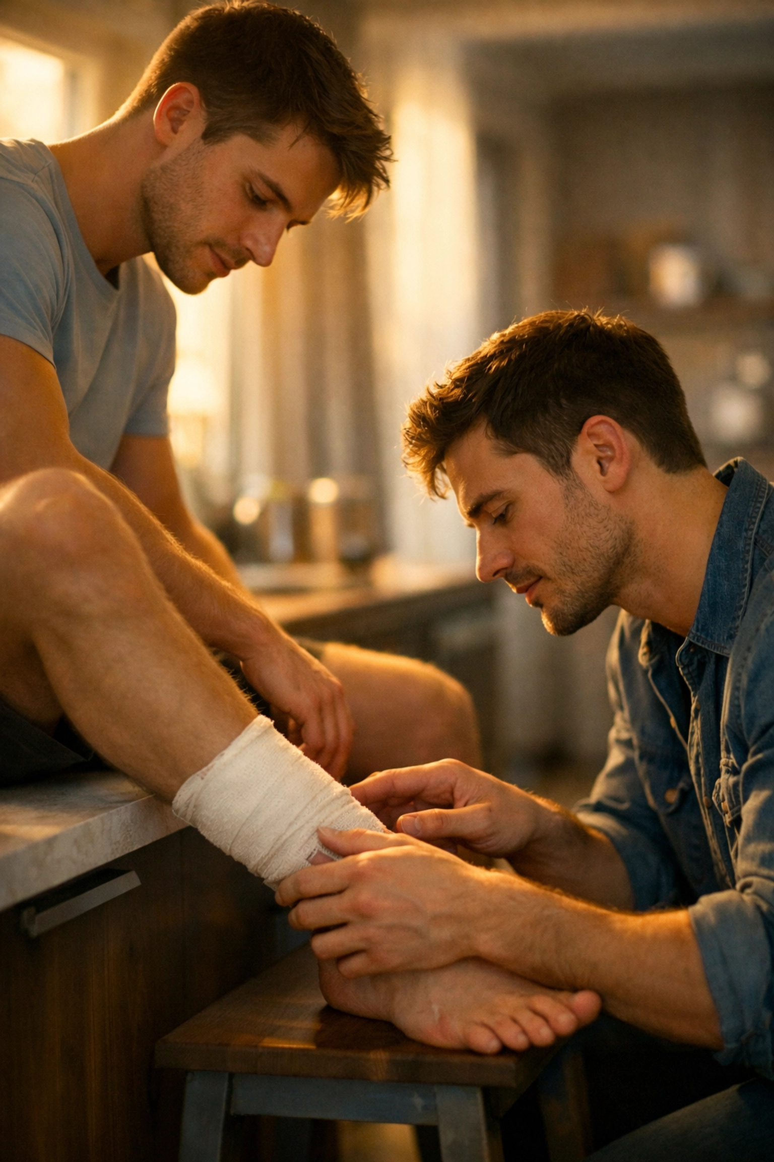 MM romance hurt comfort: EMT caring for injured man's ankle in tender first responder moment