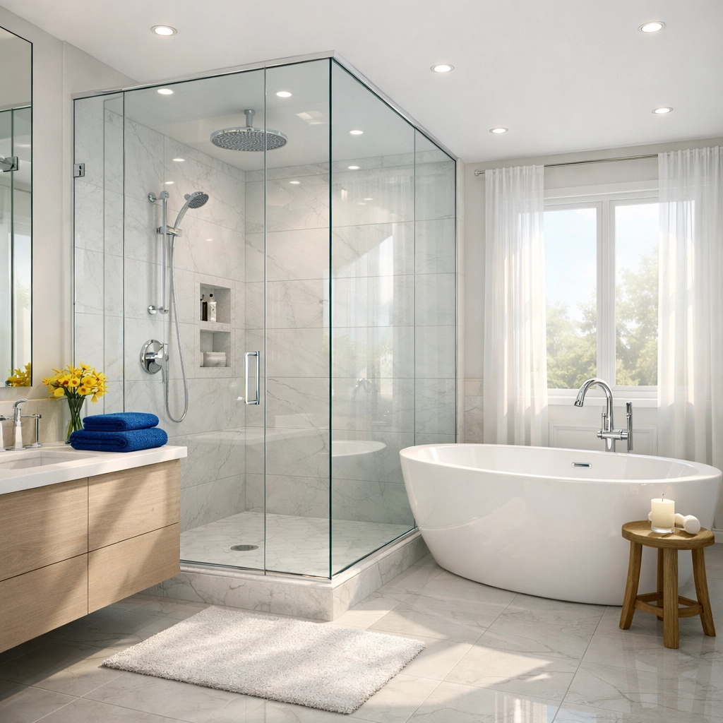 Sparkling clean luxury master bathroom after professional post-construction cleaning MA services.