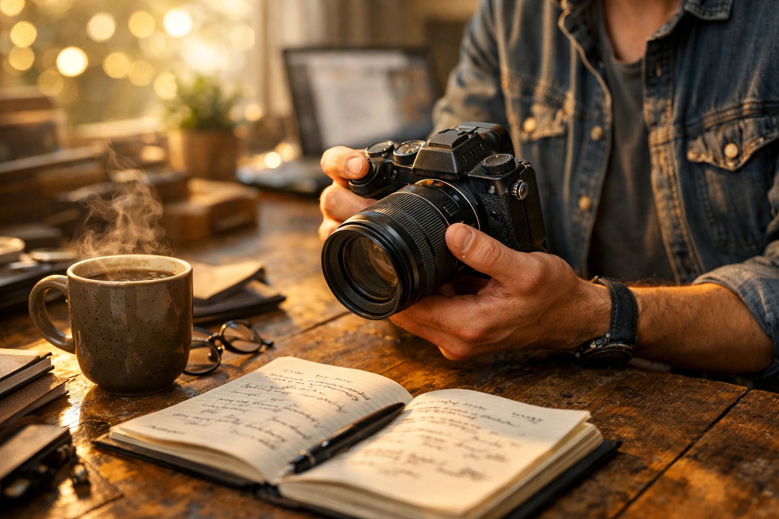 A content creator in a home office demonstrating hands-on experience to build E-E-A-T authority.