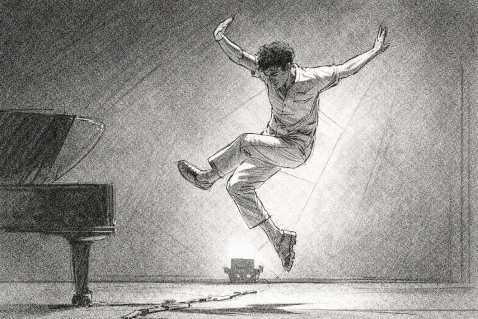 An artist is captured in a dynamic leap on stage under performance lighting, exemplifying bold physical expression and creative risk-taking.