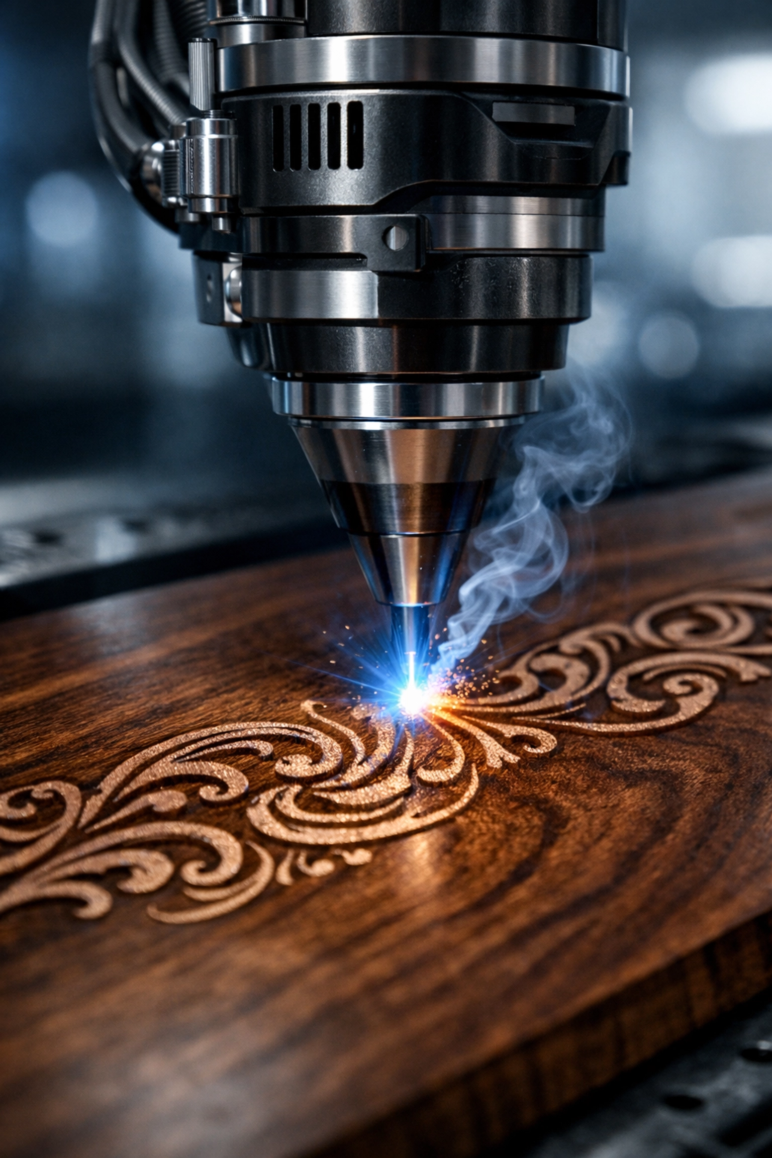High-precision laser engraving head etching a detailed design into polished dark walnut wood.
