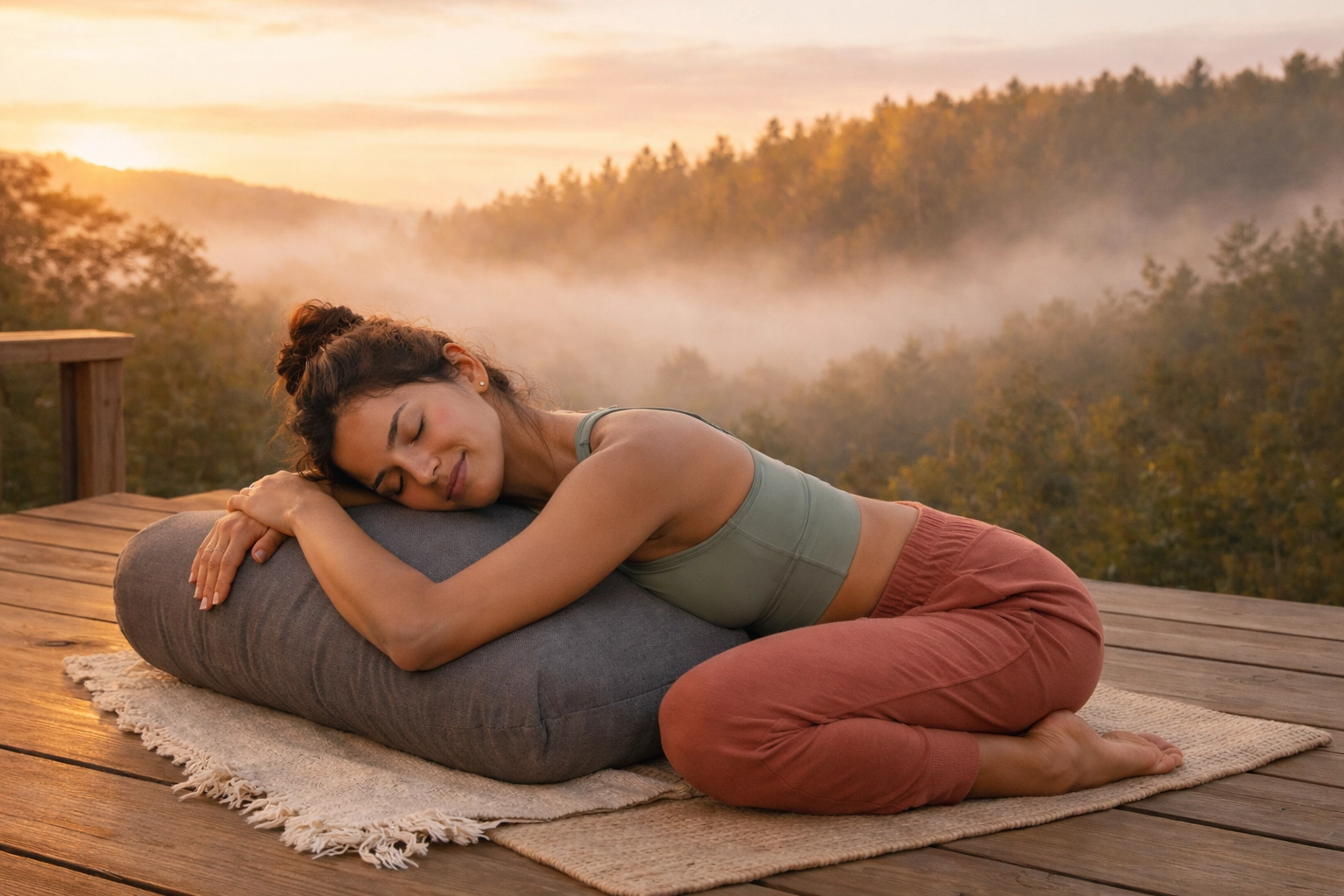 A woman practicing restorative yoga at sunrise to build sustainable well-being and recover from burnout.