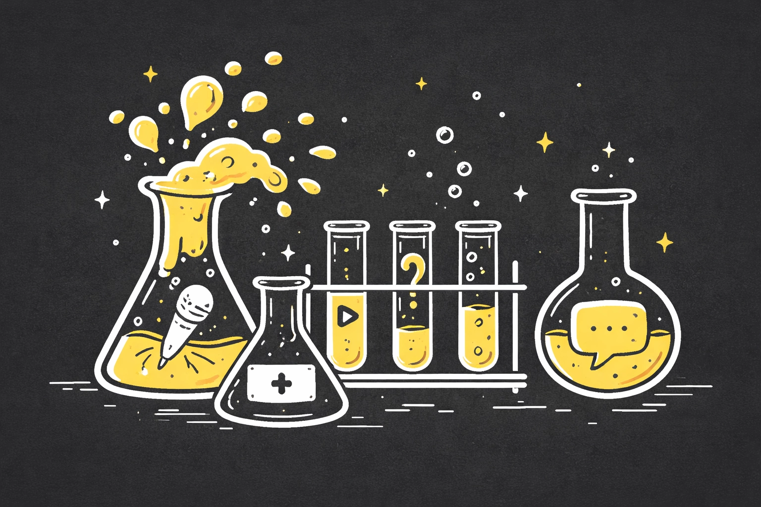 Science lab sketch illustrating creative experimentation with content formats in Q1 marketing strategy.