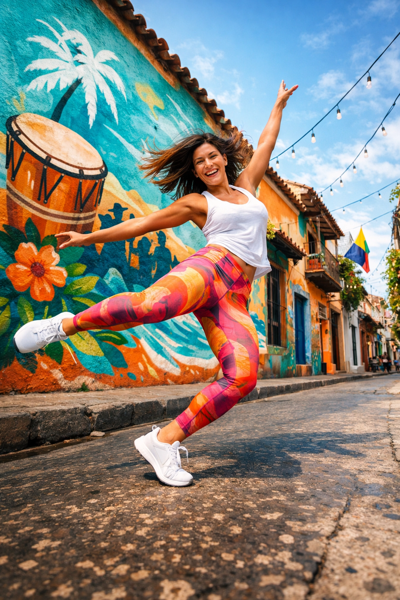 A woman dancing in the vibrant streets of Getsemaní during a joyful movement fitness retreat.
