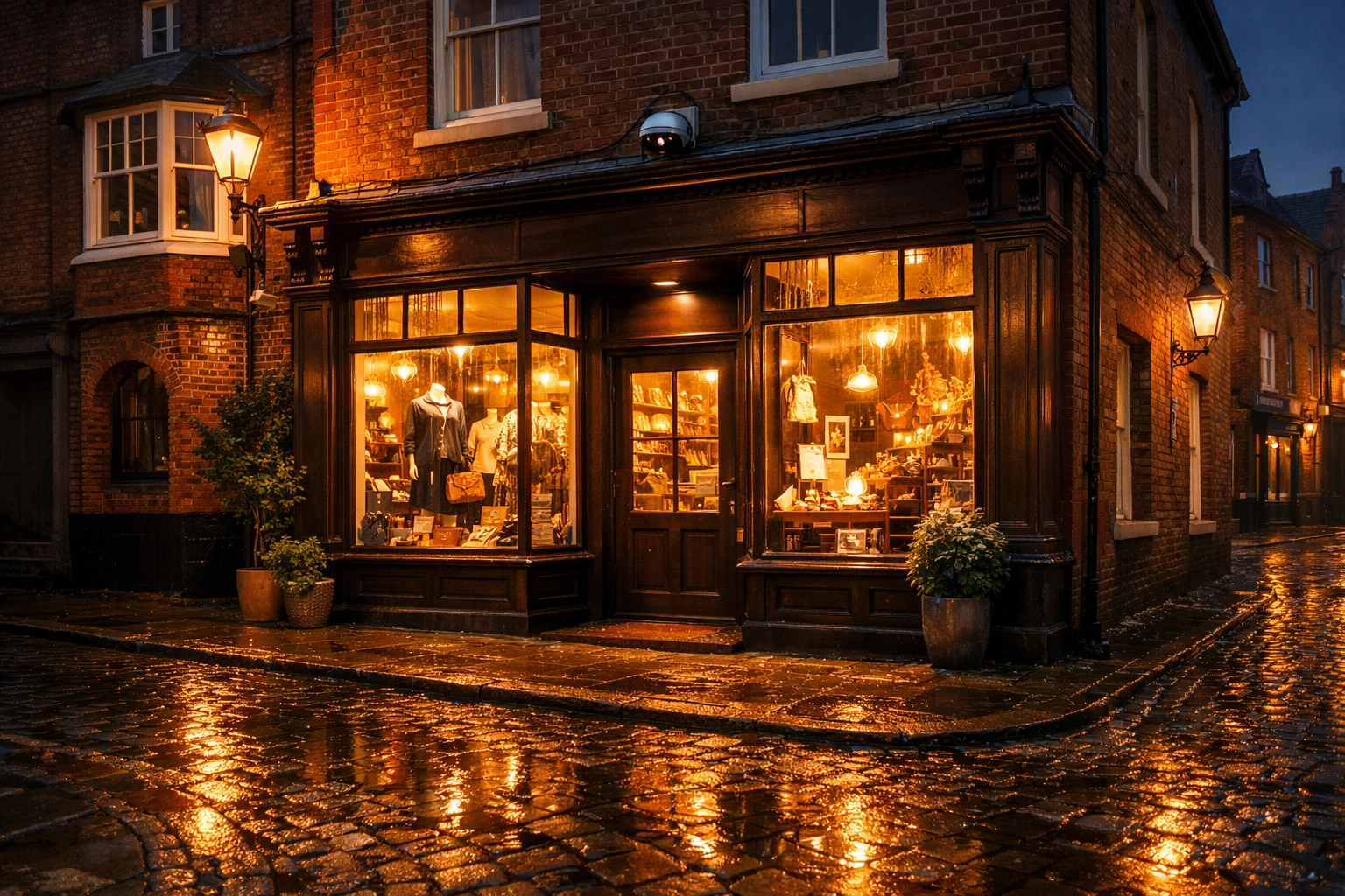 Commercial security cameras installed on a boutique storefront in historic Poole Old Town.