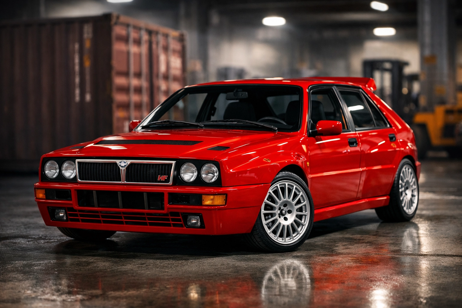 A red Lancia Delta Integrale in a warehouse, representing the gray market import process in CT.