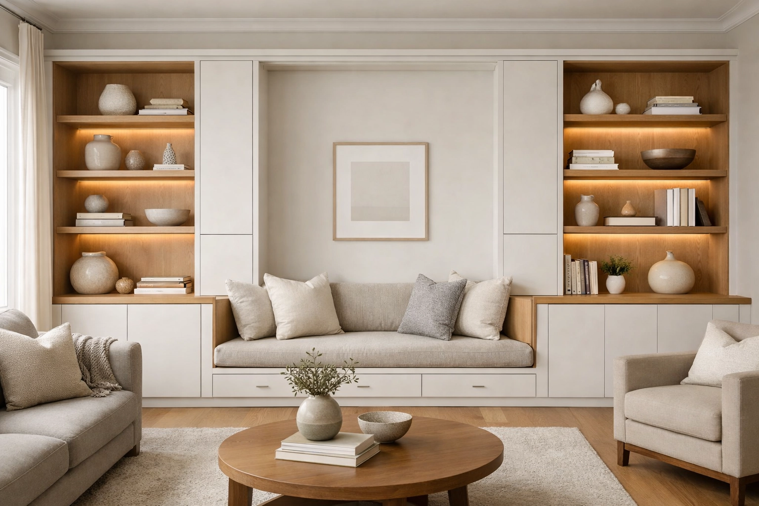 Custom built-in wall unit in an Orlando home remodel with white oak shelving and storage.