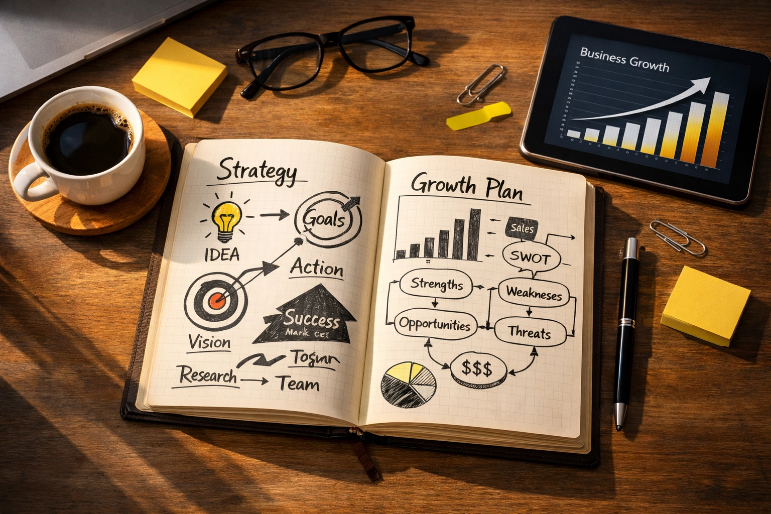 Strategic business planning desk with growth charts for MSP exit planning and value building