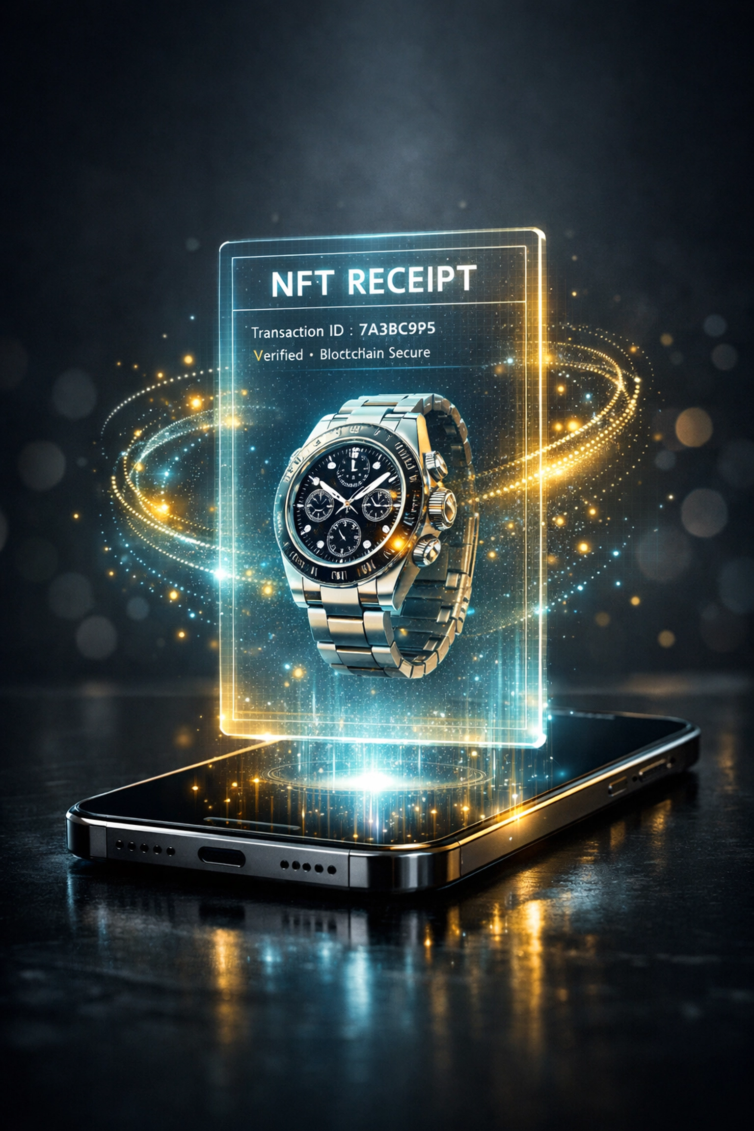 Larecoin.ai NFT receipt showing a luxury watch on a smartphone for secure blockchain proof of ownership.