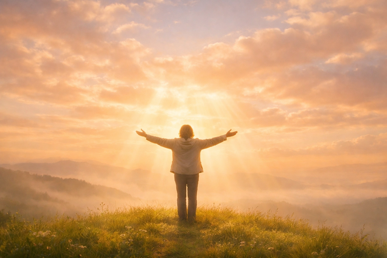 Person worshiping at sunrise representing divine grace and unmerited mercy in Christian songs.