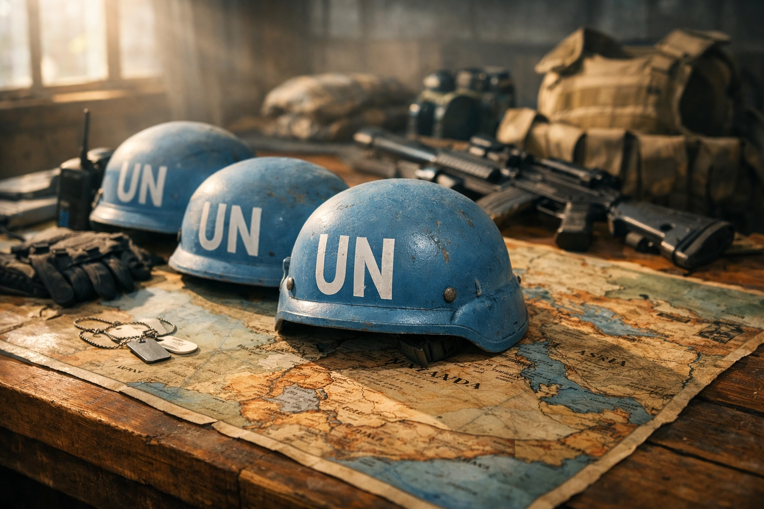 UN peacekeeping helmets and map representing Indonesia's Gaza peacekeeping mission through biblical lens