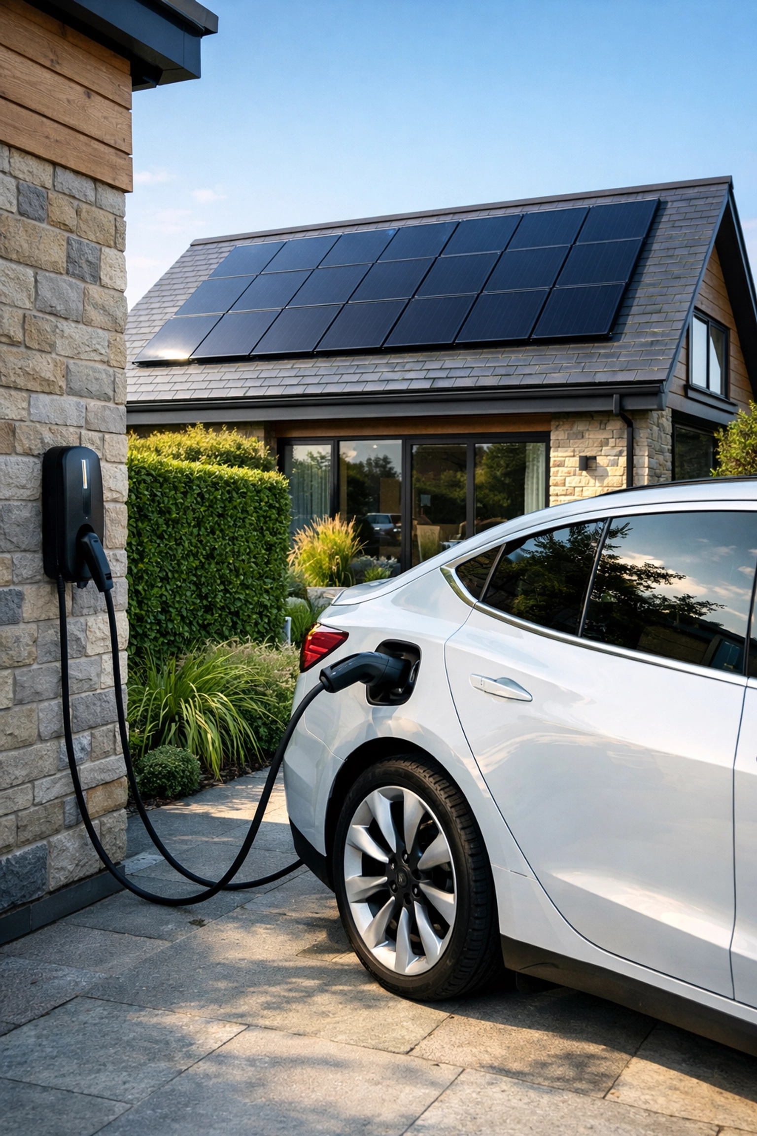 Electric vehicle charging at a contemporary Dorset home featuring high-efficiency rooftop solar panels.