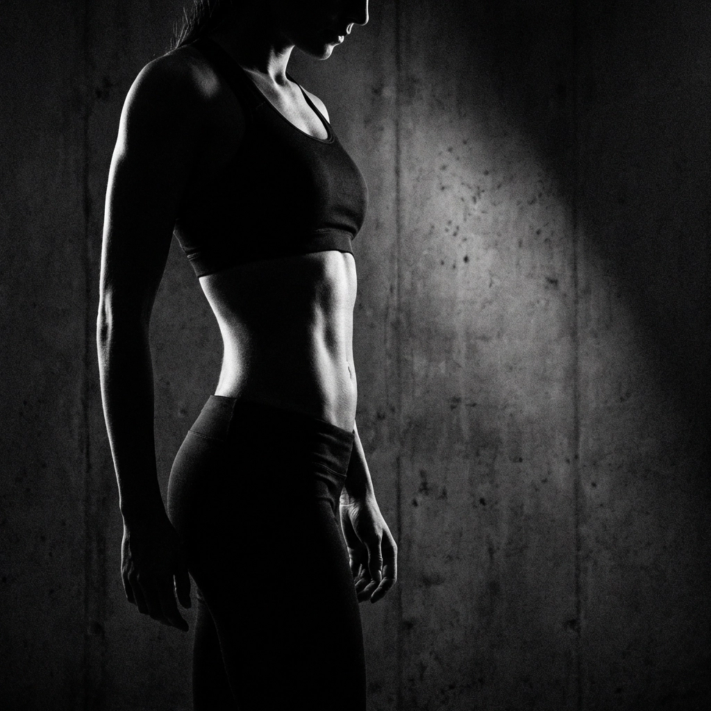 Professional side lighting for nude photography sculpting the female form with dramatic shadows and statuesque posing.