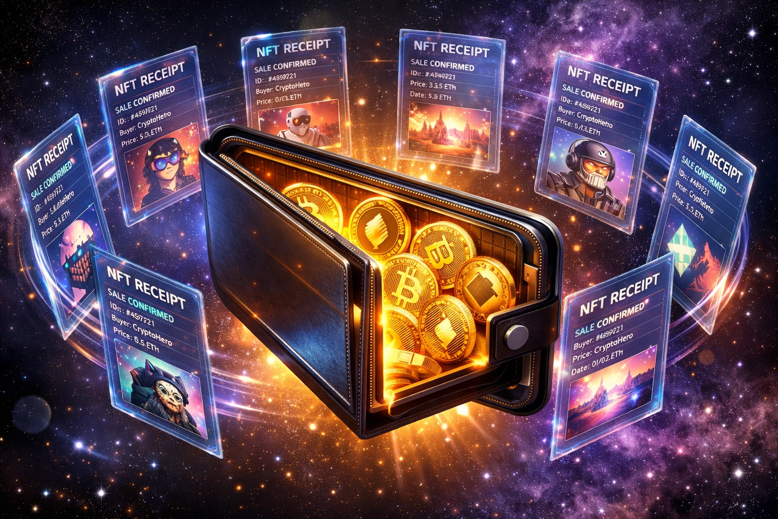 Digital wallet with NFT receipt cards showcasing Larecoin's blockchain-based transaction records feature