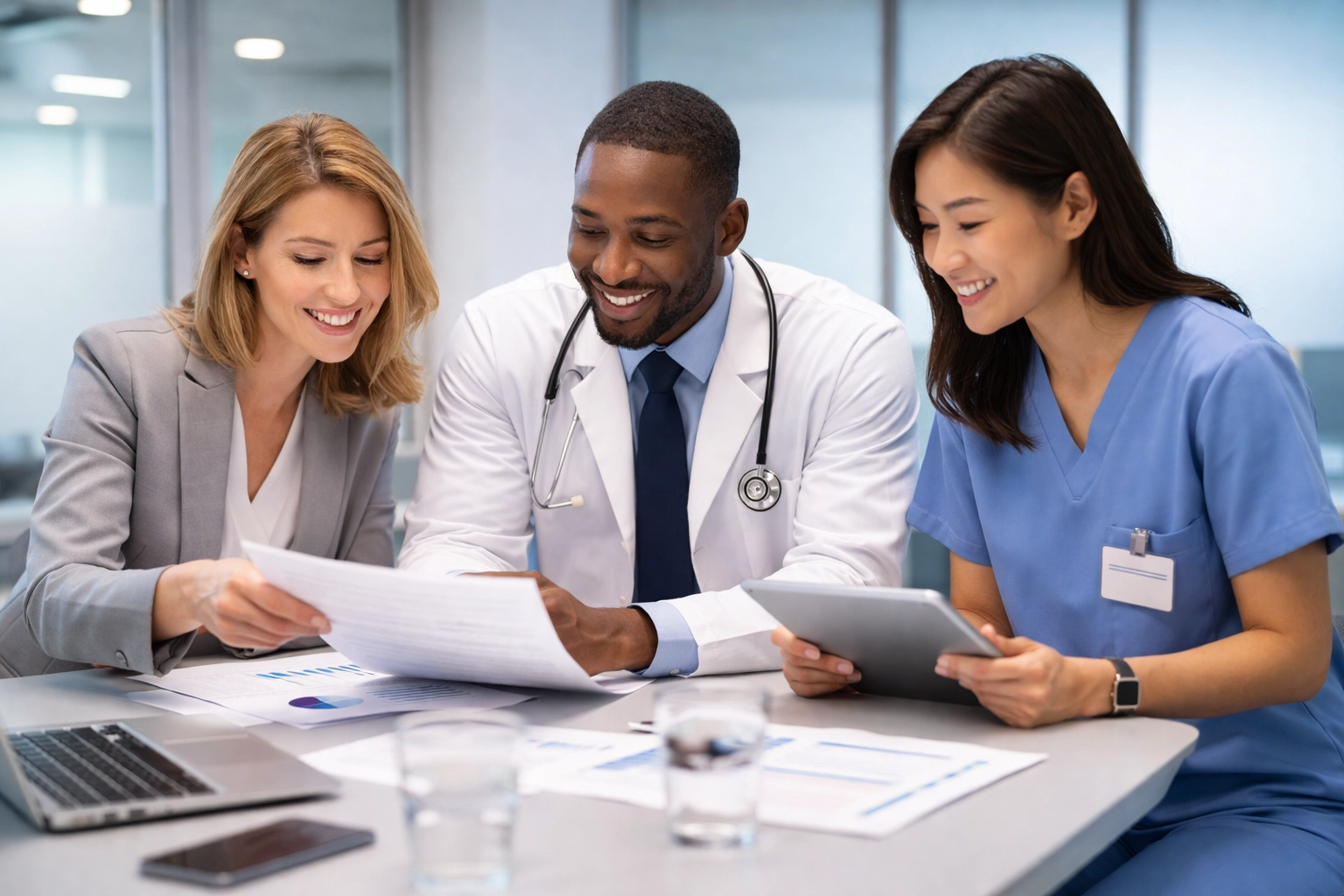 Healthcare administrative team collaborating on AAAHC accreditation documents in a modern conference room.