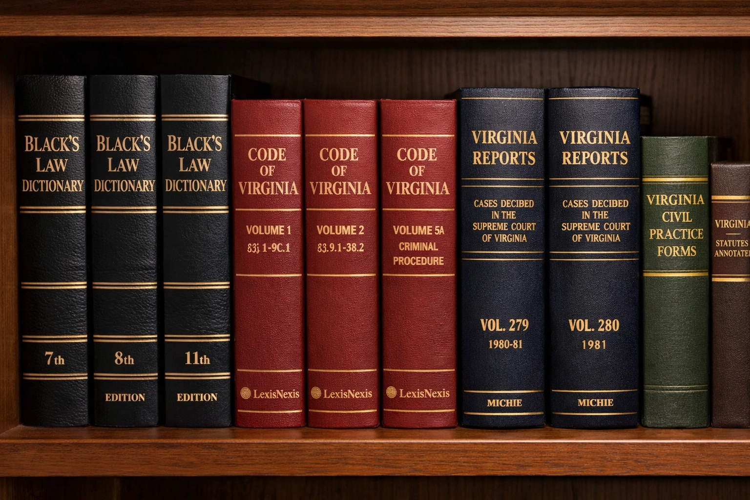 Virginia law books and statutes on a shelf, symbolic of separation and divorce pleading standards