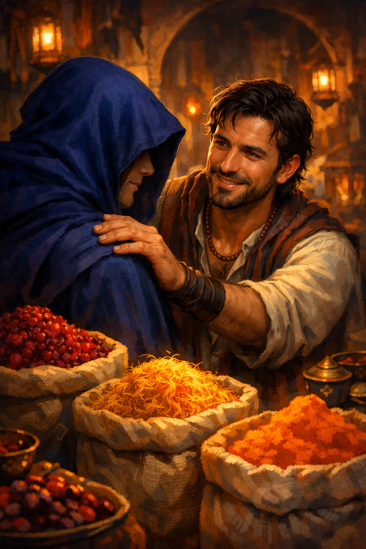 A hooded man and his friend in the bazaar, perfect for friends to lovers mm romance stories.