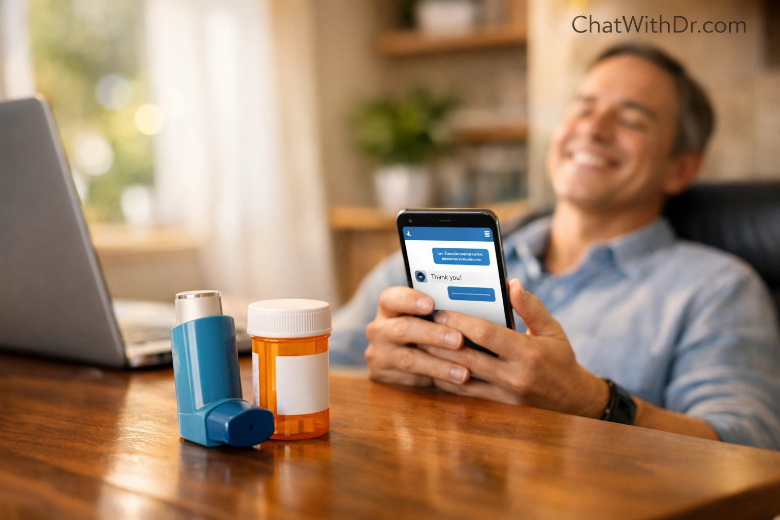 Secure text-based medical consultation for a fast asthma and cholesterol prescription refill at home.