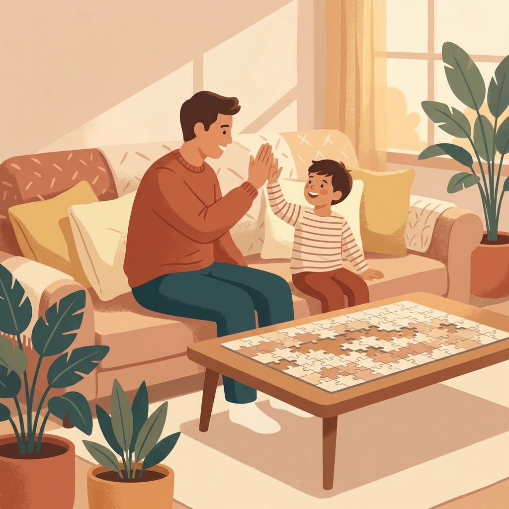 Parent and child celebrating behavior success on a couch, illustrating meaningful praise in positive behavior support.