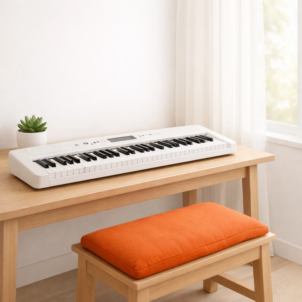 Child's piano practice nook with keyboard near window for natural light and motivation