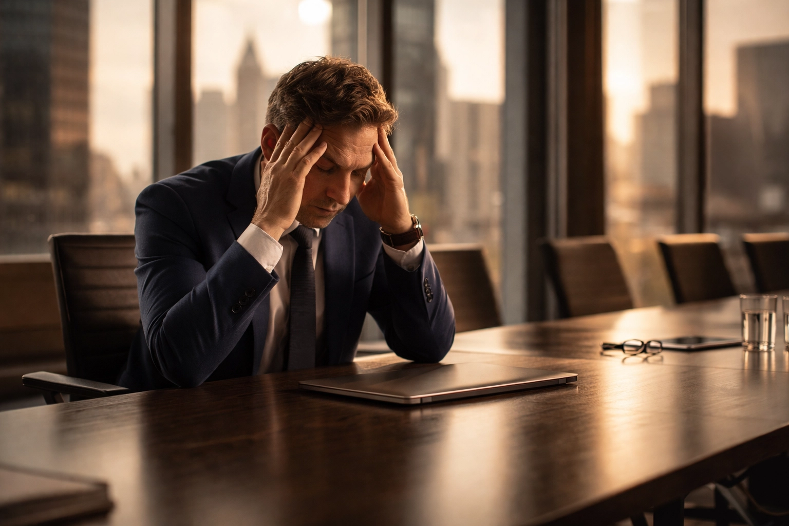 Exhausted executive sitting alone in a sunlit office, illustrating leadership burnout and soul fatigue
