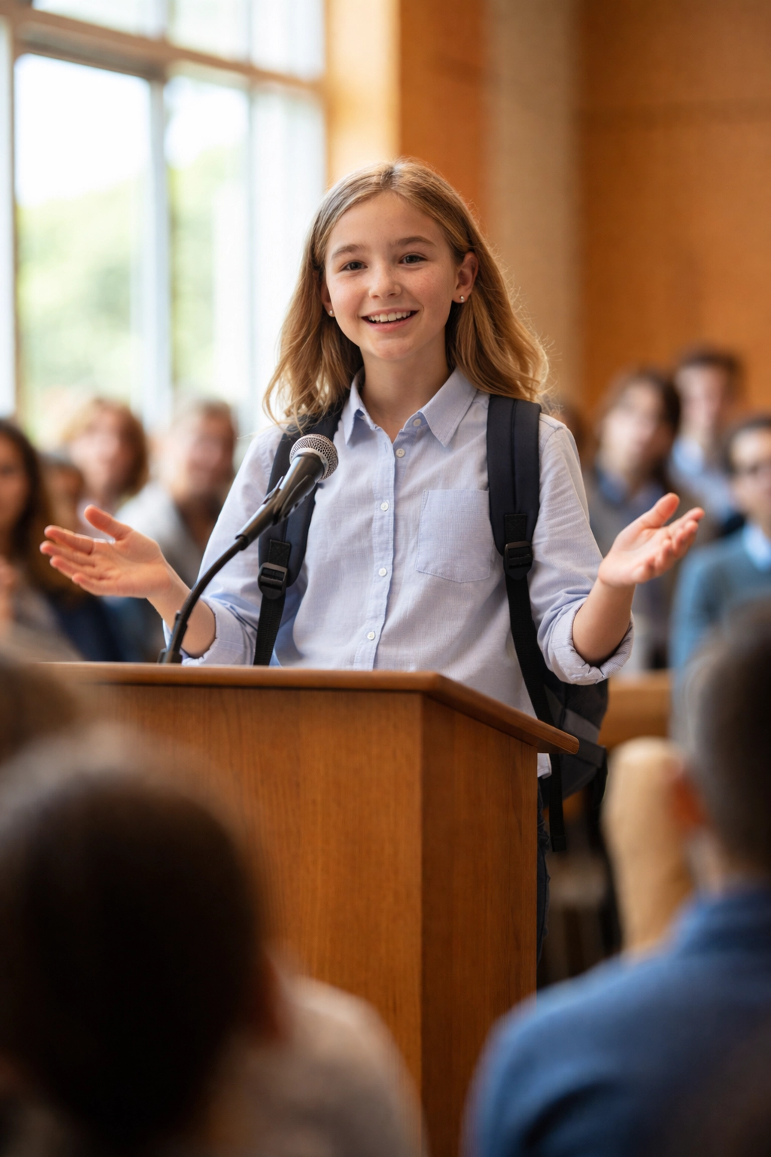 Confident middle schooler giving a speech at a podium, demonstrating public speaking skills in a modern school setting.