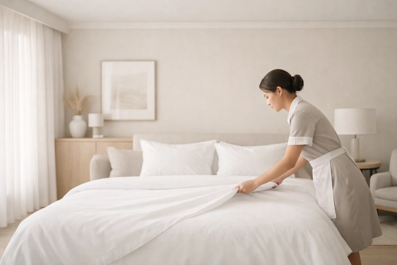 Hotel housekeeper smoothing fresh linens in a guest suite, showcasing operational efficiency.